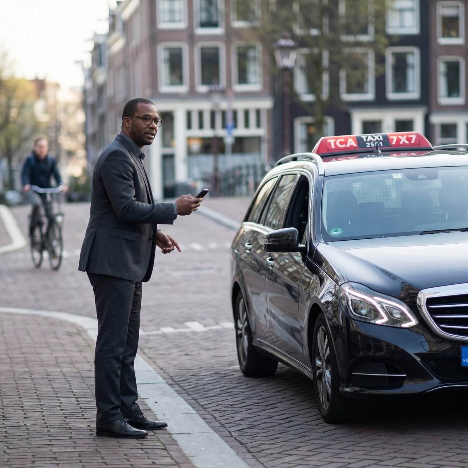 Man in zakelijke kleding wachtend bij een Amsterdamse gracht op betrouwbaar zakelijk vervoer van TCA Amsterdam.